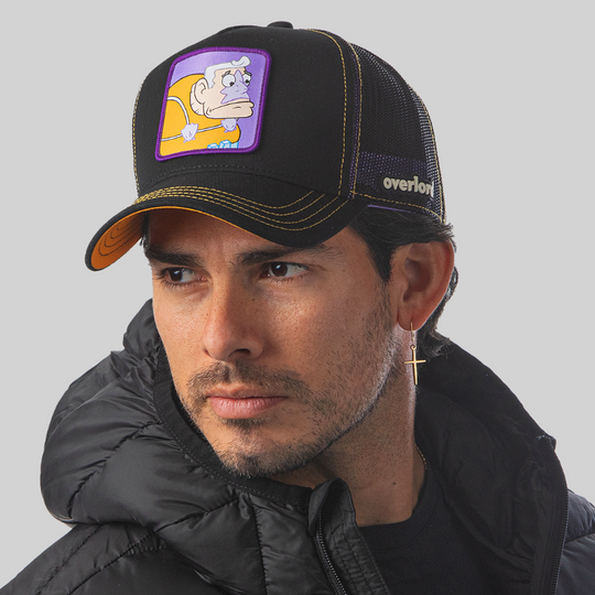 Man wearing black OVERLORD X SpongeBob Mermaid Man trucker baseball cap hat with orange stitching. PVC Overlord logo.