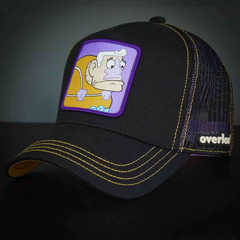 Black OVERLORD X SpongeBob Mermaid Man trucker baseball cap hat with orange stitching. PVC Overlord logo.