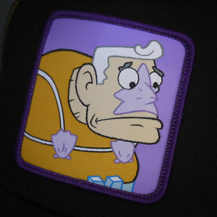 Black OVERLORD X SpongeBob Mermaid Man trucker baseball cap hat woven Overlord patch closeup.