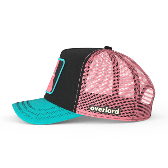 Black and turquise OVERLORD X SpongeBob sneaky Patrick trucker baseball cap hat with pink mesh. PVC Overlord logo.