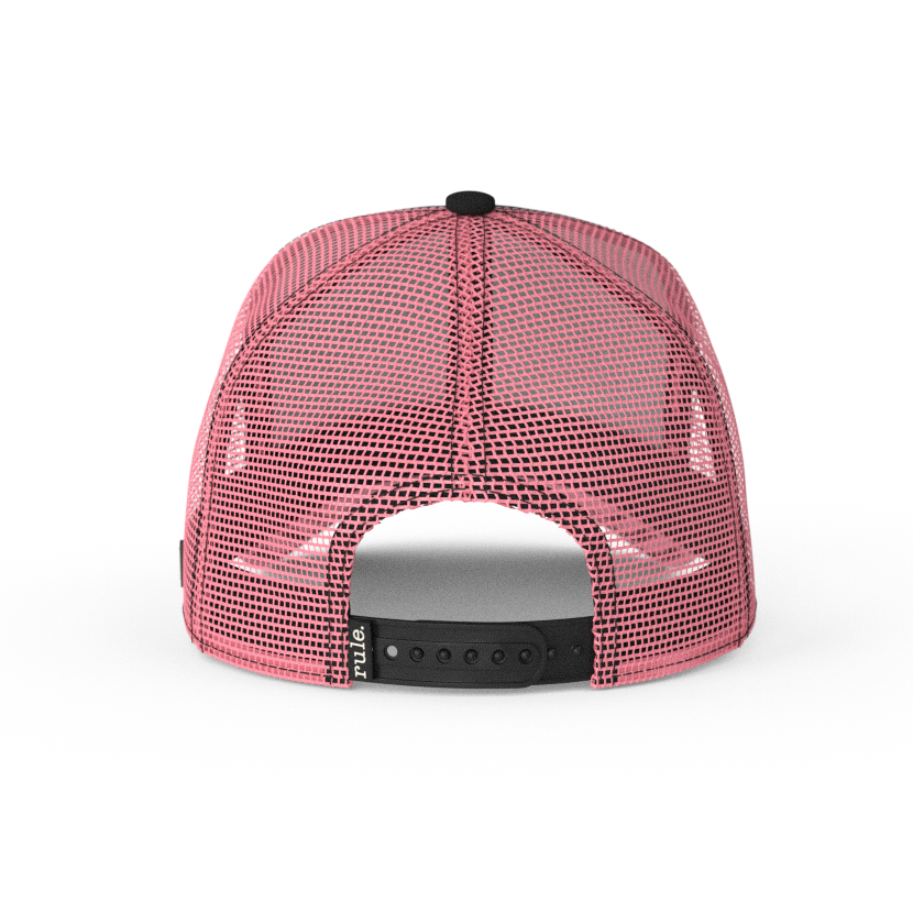 Black and turquise OVERLORD X SpongeBob sneaky Patrick trucker baseball cap hat with pink mesh and black adjustable strap.