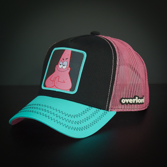 Black and turquise OVERLORD X SpongeBob sneaky Patrick trucker baseball cap hat with black zig zag stitching. PVC Overlord logo.