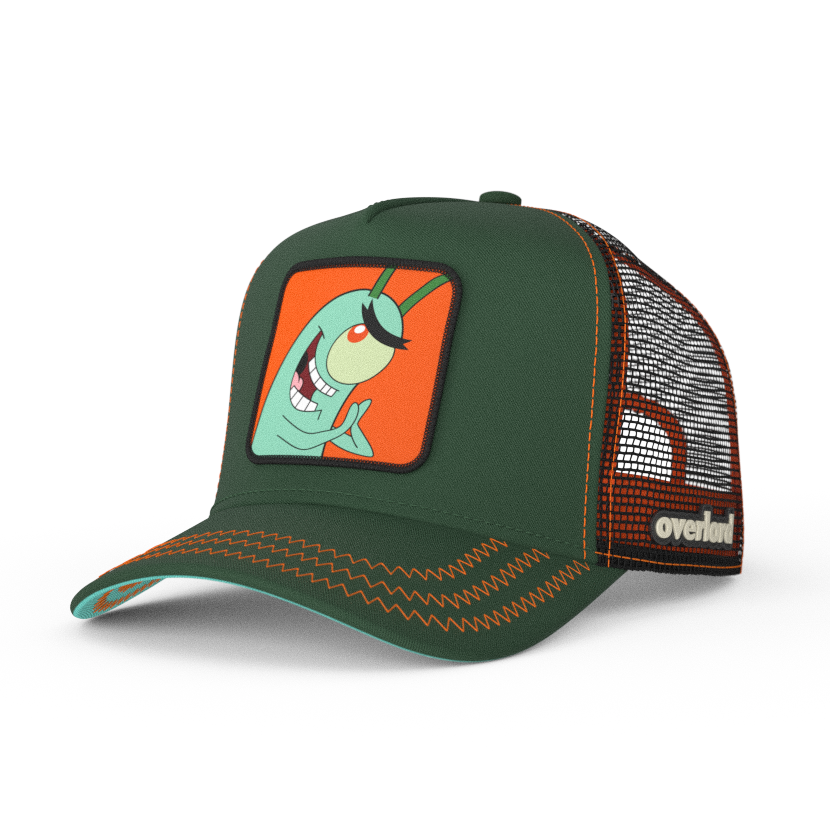 Dark Green OVERLORD X SpongeBob smiling Plankton trucker baseball cap hat with red stitching. PVC Overlord logo.