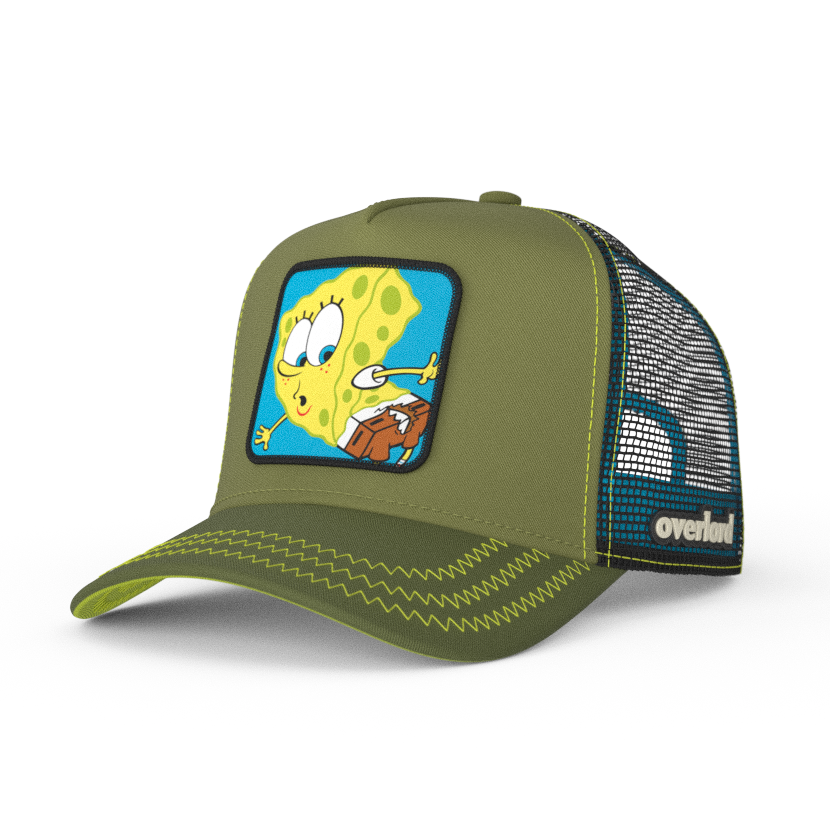 Olive green OVERLORD X SpongeBob with ripped pants trucker baseball cap hat with yellow zig zag stitching. PVC Overlord logo.