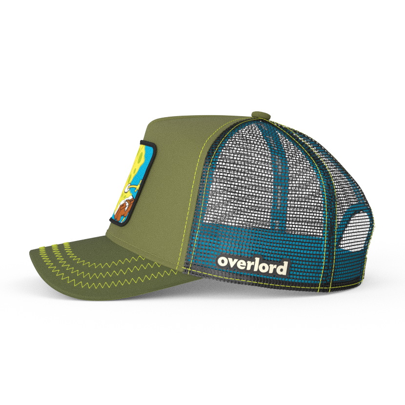 Olive green OVERLORD X SpongeBob with ripped pants trucker baseball cap hat with black mesh. PVC Overlord logo.