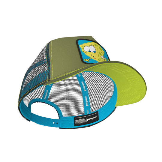 Olive green OVERLORD X SpongeBob with ripped pants trucker baseball cap hat with turquoise sweatband and lime green under brim.