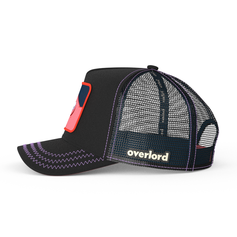 Black OVERLORD X SpongeBob Savage Patrick trucker baseball cap hat with black mesh. PVC Overlord logo.