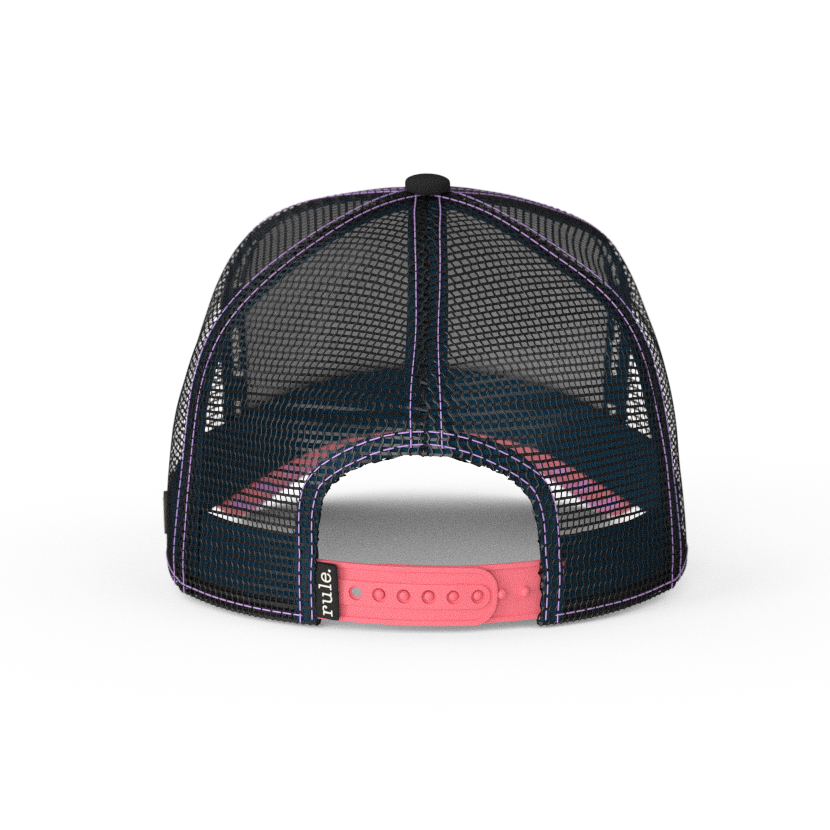 Black OVERLORD X SpongeBob Savage Patrick trucker baseball cap hat with black mesh and pink adjustable strap. PVC Overlord logo.