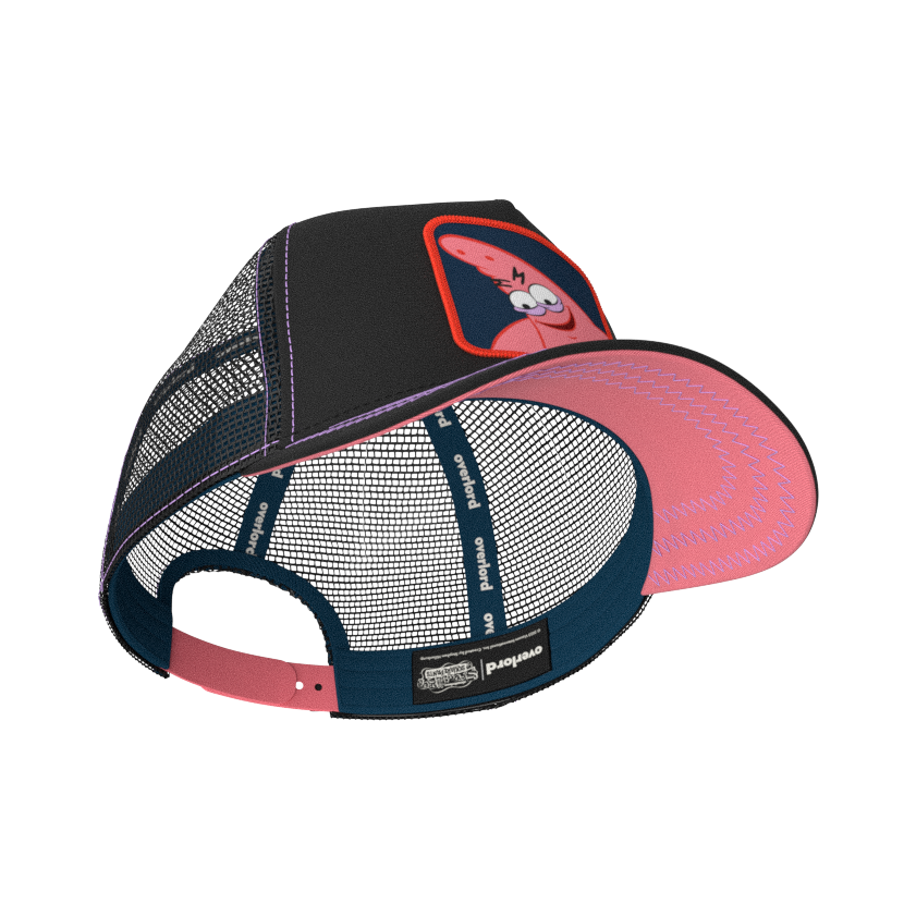 Black OVERLORD X SpongeBob Handsome Squidward trucker baseball cap hat with navy sweatband and pink under brim.