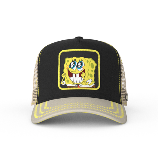 Black and tan OVERLORD X SpongeBob Big Smile SpongeBob trucker baseball cap hat with yellow zig zag stitching. PVC Overlord logo.