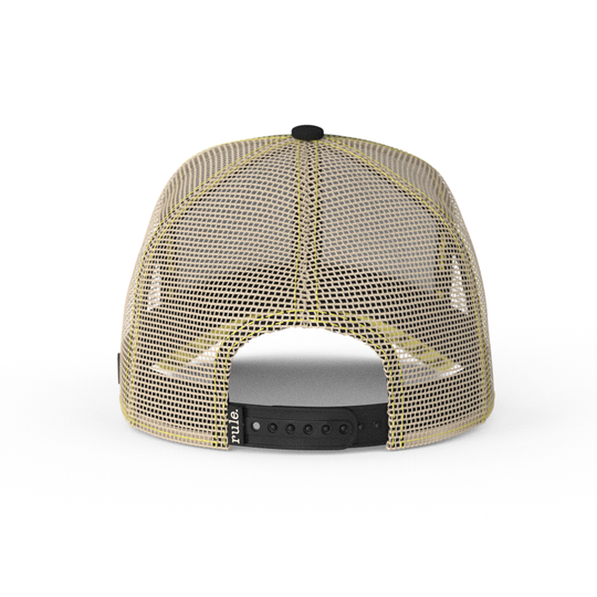 Black and tan OVERLORD X SpongeBob Big Smile SpongeBob trucker baseball cap hat with khaki mesh and black adjustable strap.