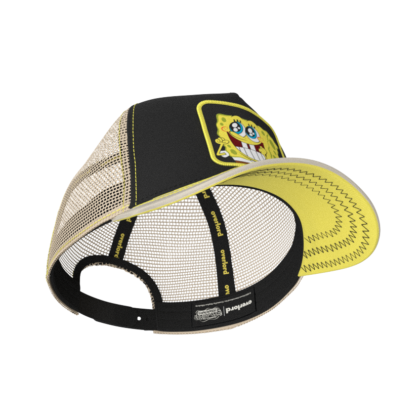 Black and tan OVERLORD X SpongeBob Big Smile SpongeBob trucker baseball cap hat with black sweatband and yellow under brim.