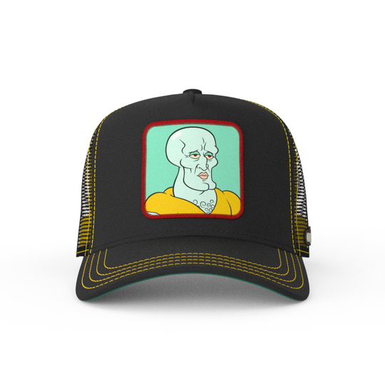 Black OVERLORD X SpongeBob Handsome Squidward trucker baseball cap hat with yellow stitching. PVC Overlord logo.