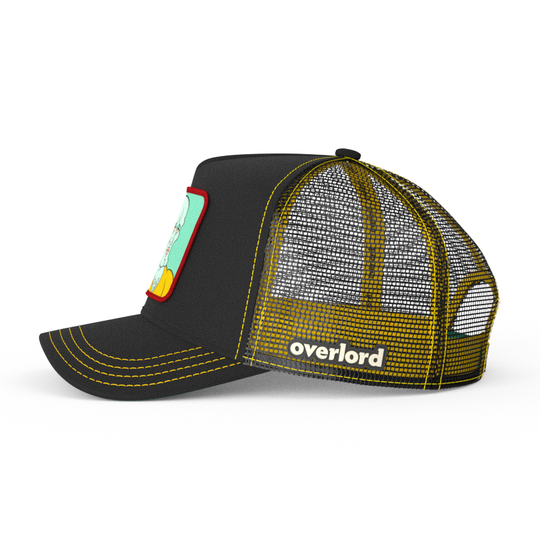 Black OVERLORD X SpongeBob Handsome Squidward trucker baseball cap hat with black mesh. PVC Overlord logo.