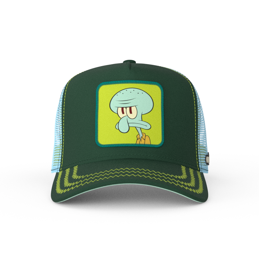 Dark green OVERLORD X SpongeBob serious Squidward trucker baseball cap hat with lime green stitching. PVC Overlord logo.