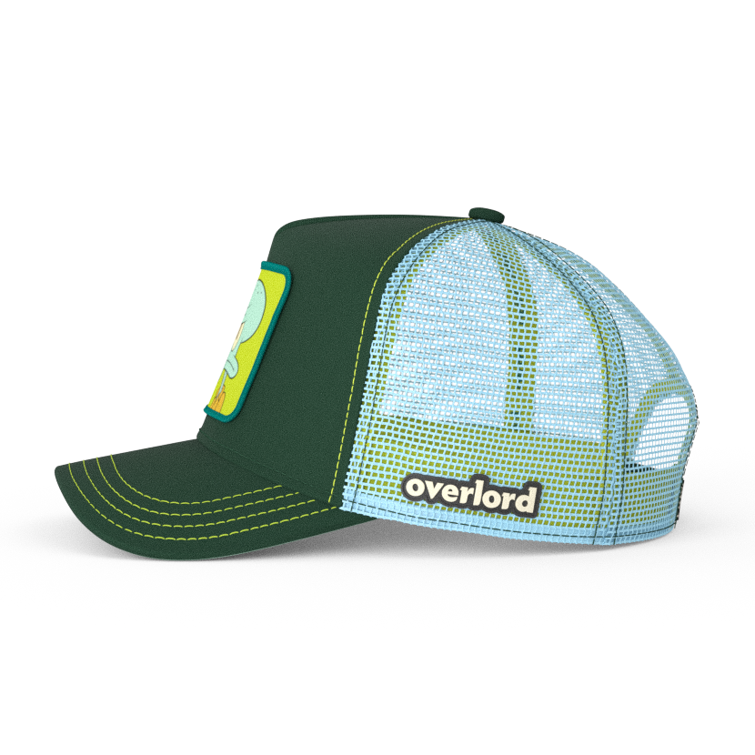 Dark green OVERLORD X SpongeBob serious Squidward trucker baseball cap with light blue mesh. PVC Overlord logo.