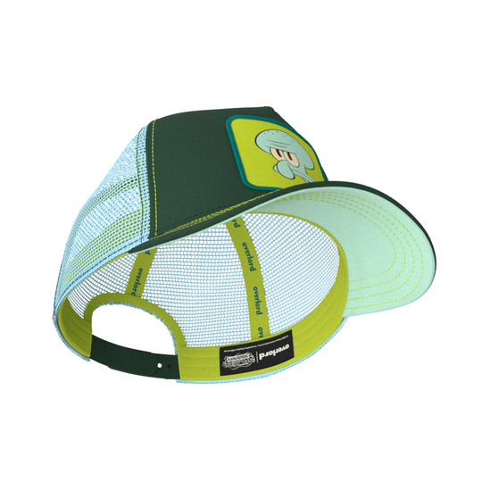 Dark green OVERLORD X SpongeBob serious Squidward trucker baseball cap hat with lime green sweatband and mint green under brim.