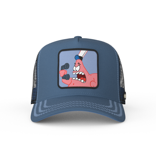 Blue OVERLORD X SpongeBob Patrick yelling at phone trucker baseball cap hat with light blue zig zag stitching. PVC Overlord logo.