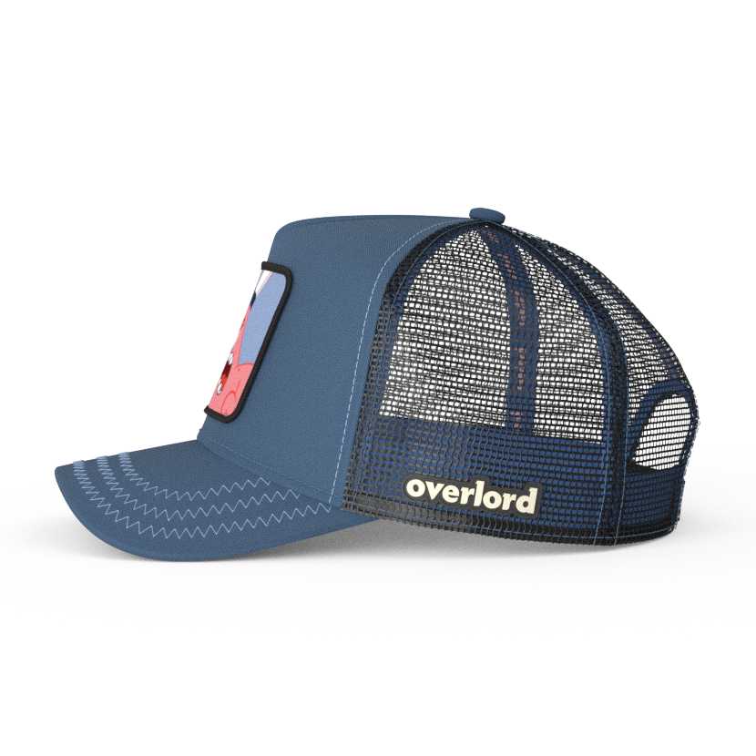 Blue OVERLORD X SpongeBob Patrick yelling at phone trucker baseball cap hat with black mesh. PVC Overlord logo.