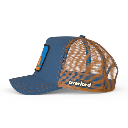 Blue OVERLORD X Scooby-Doo smiling Scooby trucker baseball cap hat with brown mesh. PVC Overlord logo.