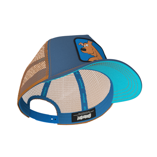 Blue OVERLORD X Scooby-Doo smiling Scooby trucker baseball cap hat with blue sweatband and turquoise under brim.
