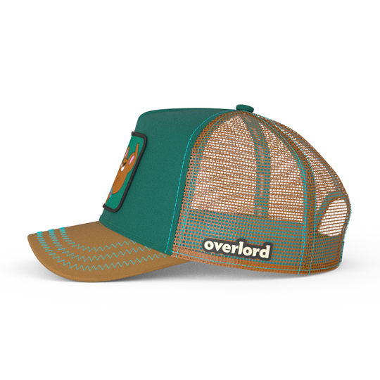 Teal and light brown Scooby-Doo fighting Scrappy trucker baseball cap hat with brown mesh. PVC Overlord logo.