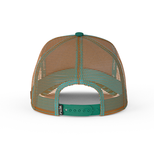 Teal and light brown Scooby-Doo fighting Scrappy trucker baseball cap hat with brown mesh and dark teal strap. PVC Overlord logo.