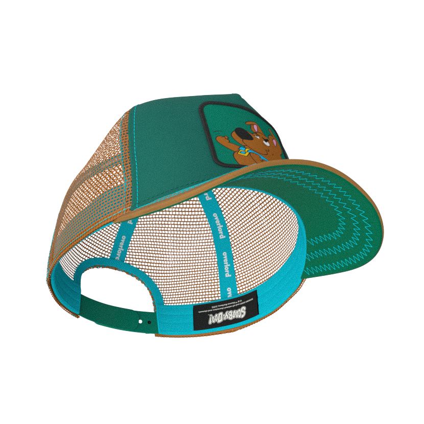 Teal and light brown Scooby-Doo fighting Scrappy trucker baseball cap hat with turquoise sweatband and teal under brim.