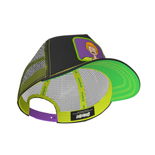 Black OVERLORD X Scooby-Doo scared Shaggy trucker baseball cap hat with lime green sweatband and bright green under brim.