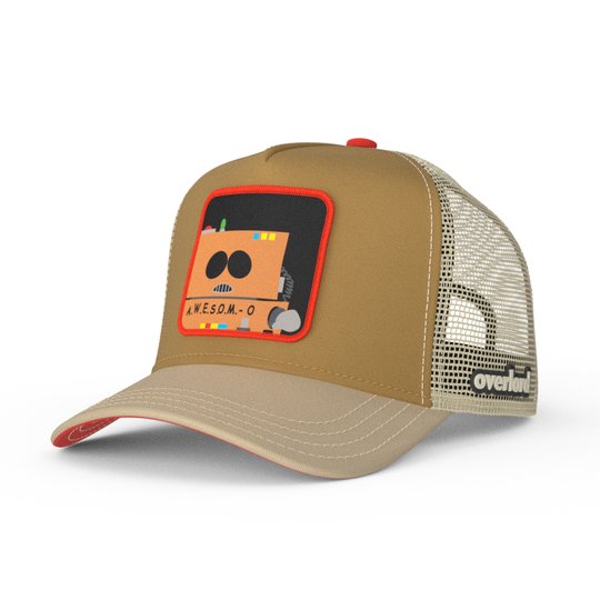 Tan and khaki OVERLORD X South Park A.W.E.S.O.M-O robot trucker baseball cap hat with khaki stitching. PVC Overlord logo.