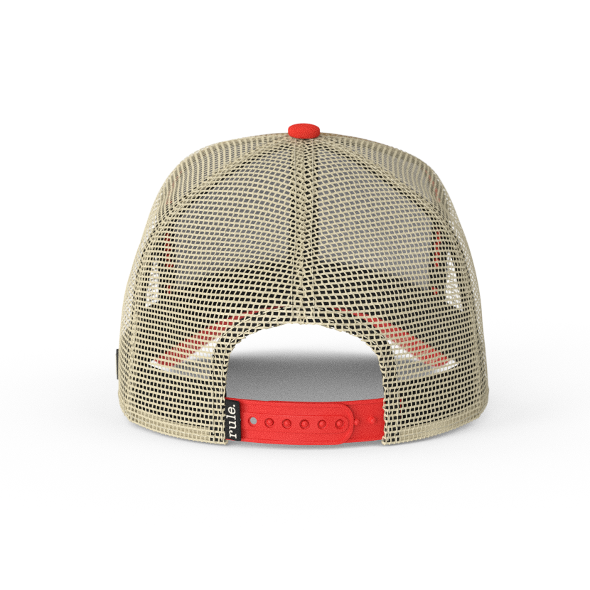 Tan and khaki OVERLORD X South Park A.W.E.S.O.M-O robot trucker baseball cap hat with khaki mesh and red adjustable strap.