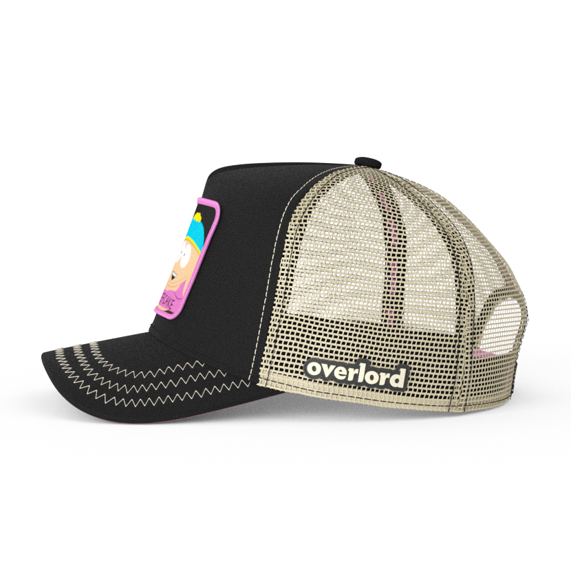 Black OVERLORD X South Park Cartman Beefcake trucker baseball cap hat with khaki mesh. PVC Overlord logo.