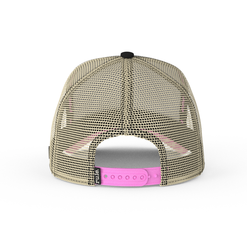 Black OVERLORD X South Park Cartman Beefcake trucker baseball cap hat with khaki mesh and pink adjustable strap. PVC Overlord logo.