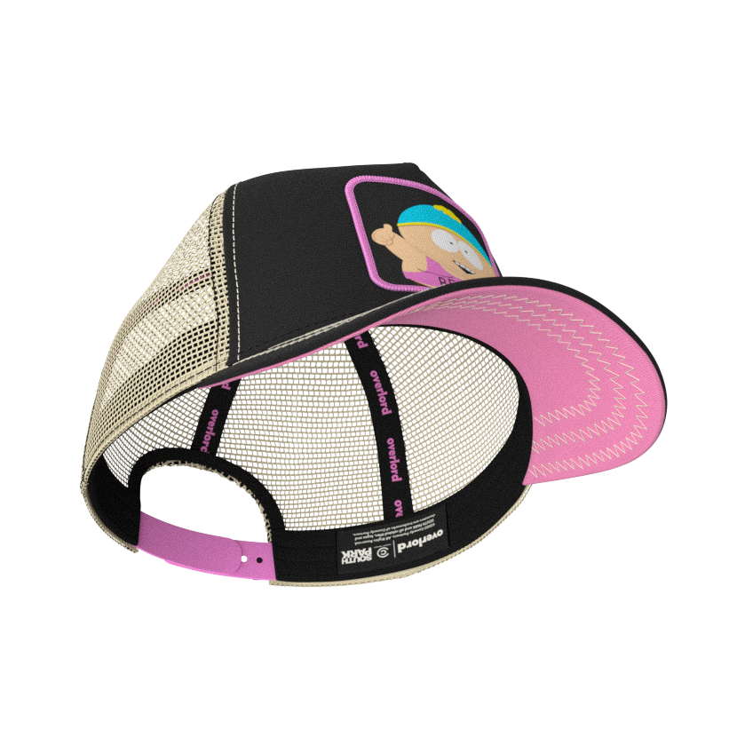 Black OVERLORD X South Park Cartman Beefcake trucker baseball cap hat with black sweatband and pink under brim.