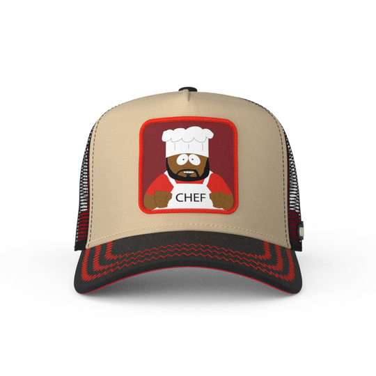 Tan and black OVERLORD X South Park Chef trucker baseball cap hat with red zig zag stitching. PVC Overlord logo.