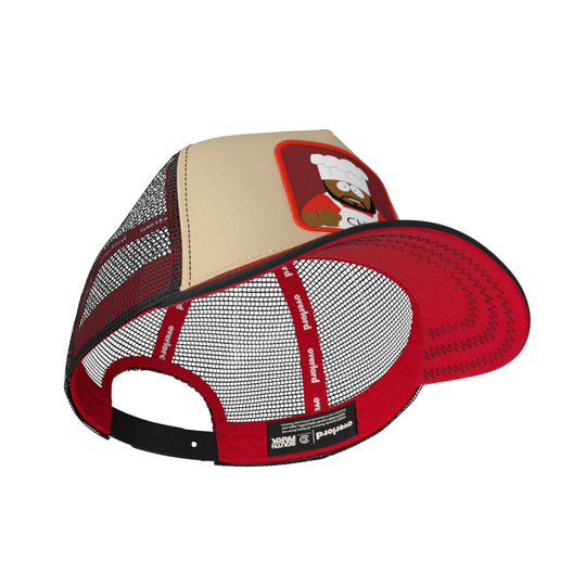 Tan and black OVERLORD X South Park Chef trucker baseball cap hat with red sweatband and red under brim.