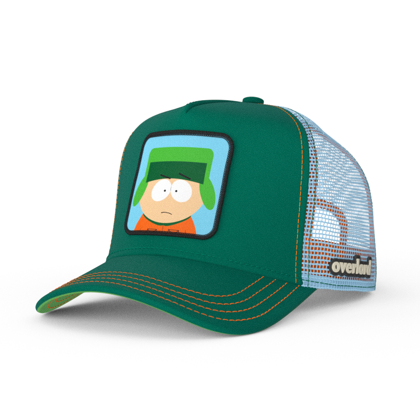 Green OVERLORD X South Park Kyle trucker baseball cap hat with orange stitching. PVC Overlord logo.