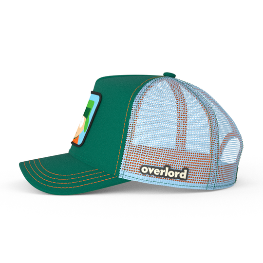 Green OVERLORD X South Park Kyle trucker baseball cap hat with light blue. PVC Overlord logo.