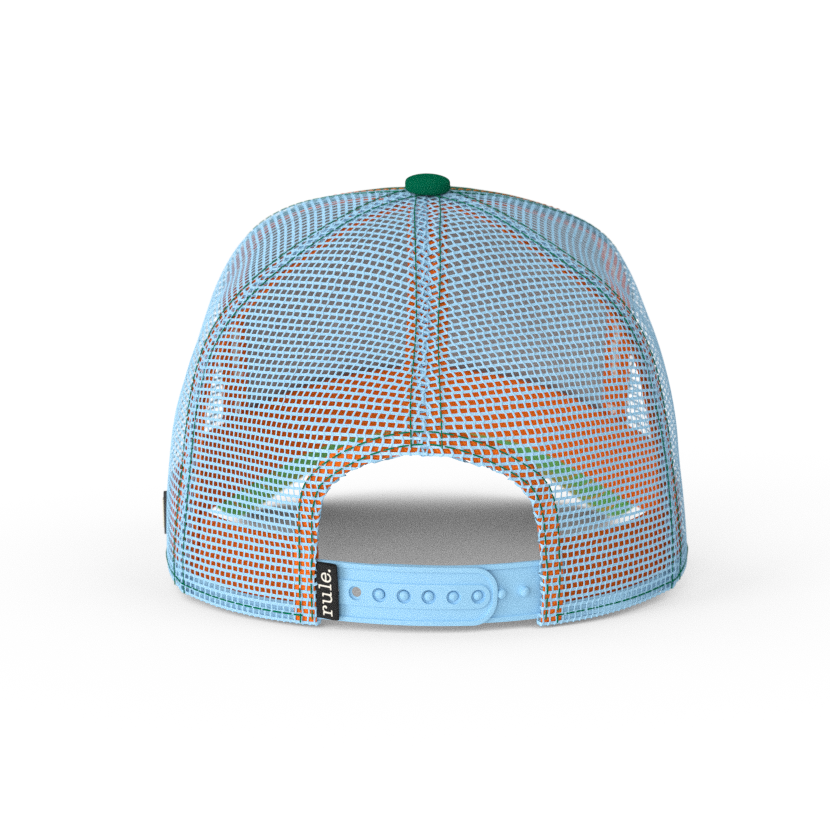 Green OVERLORD X South Park Kyle trucker baseball cap with light blue adjustable strap. PVC Overlord logo.