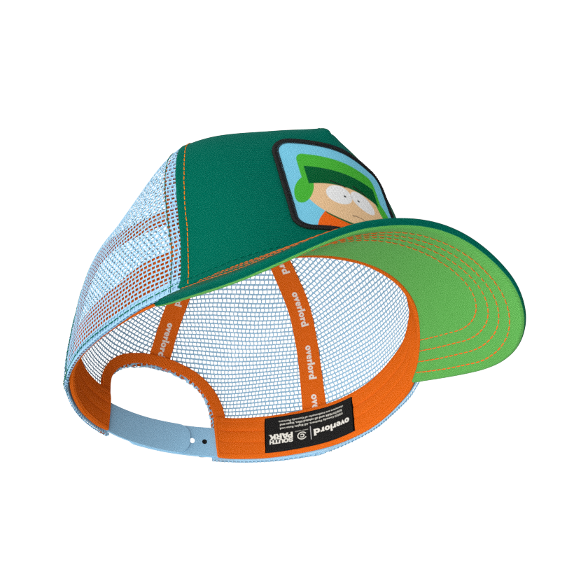 Green OVERLORD X South Park Kyle trucker baseball cap hat with orange sweatband and green under brim.