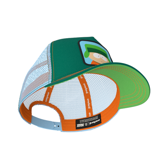 Green OVERLORD X South Park Kyle trucker baseball cap hat with orange sweatband and green under brim.