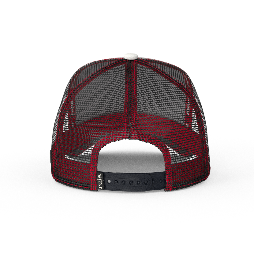 White OVERLORD X South Park Mr. Garrison trucker baseball cap hat with black mesh and black adjustable strap.