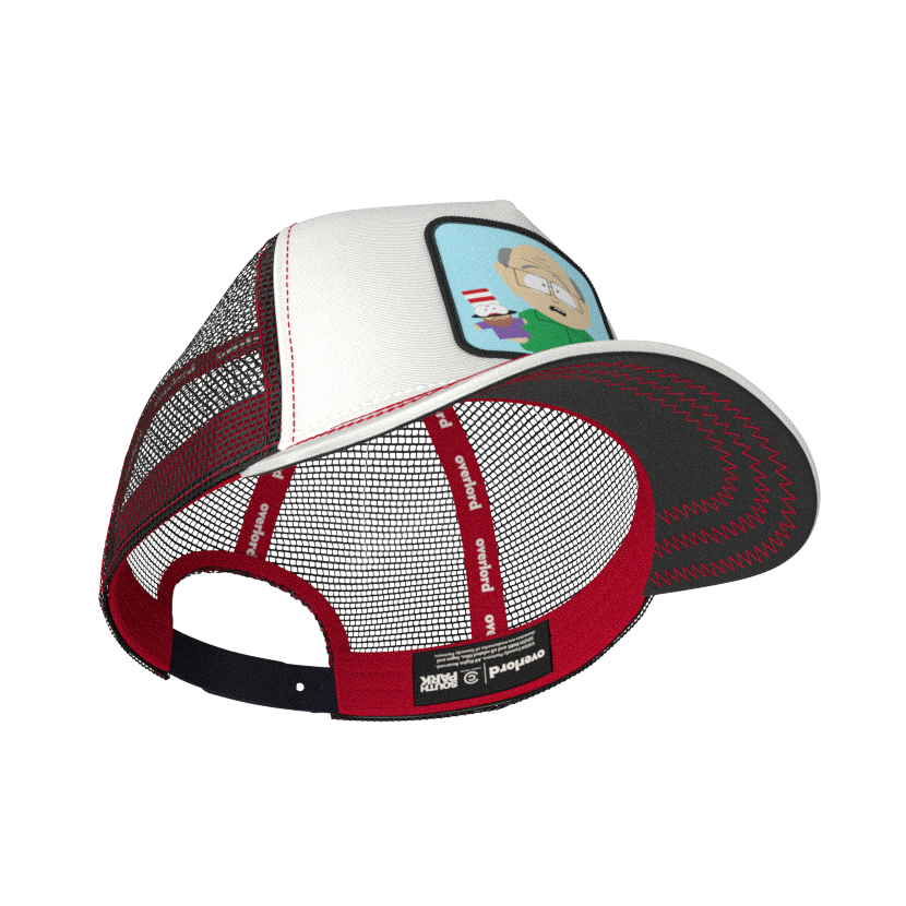 White OVERLORD X South Park Mr. Garrison trucker baseball cap hat with red sweatband and black under brim.