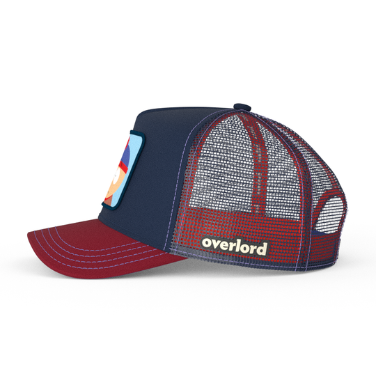 Navy and red OVERLORD X South Park Stan trucker baseball cap hat with navy mesh. PVC Overlord logo.