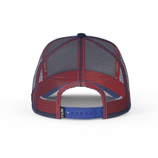 Navy and red OVERLORD X South Park Stan trucker baseball cap hat with blue adjustable strap. PVC Overlord logo.