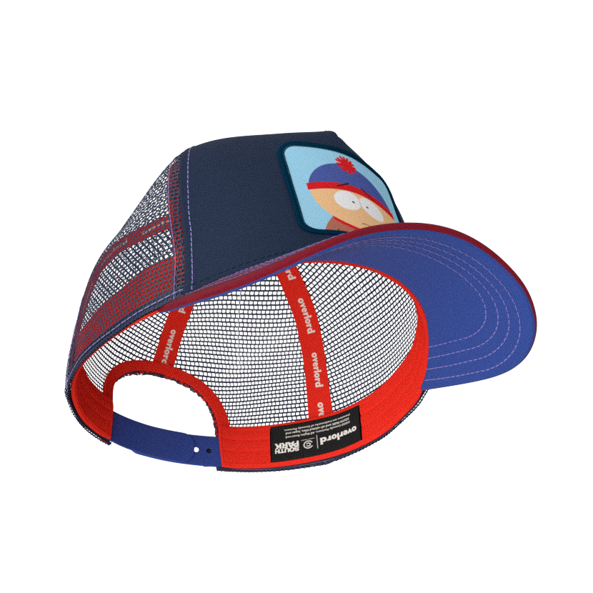 Navy and red OVERLORD X South Park Stan trucker baseball cap hat with red sweatband and blue under brim.