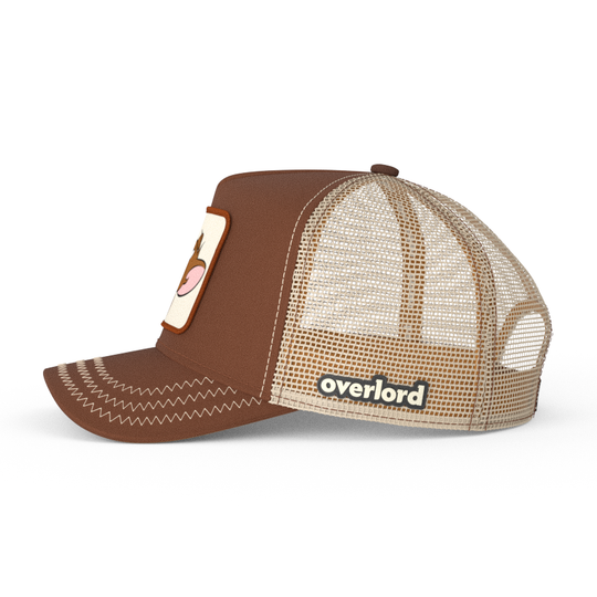 Brown OVERLORD X Tom and Jerry Jerry mouse trucker baseball cap hat with khaki mesh. PVC Overlord logo.