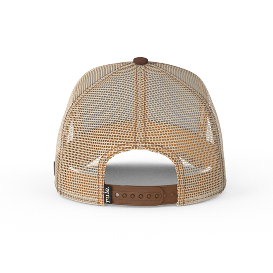 Brown OVERLORD X Tom and Jerry Jerry mouse trucker baseball cap hat with brown adjustable strap.