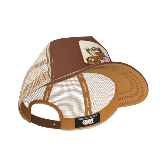 Brown OVERLORD X Tom and Jerry Jerry mouse trucker baseball cap hat with light brown sweatband and under brim.