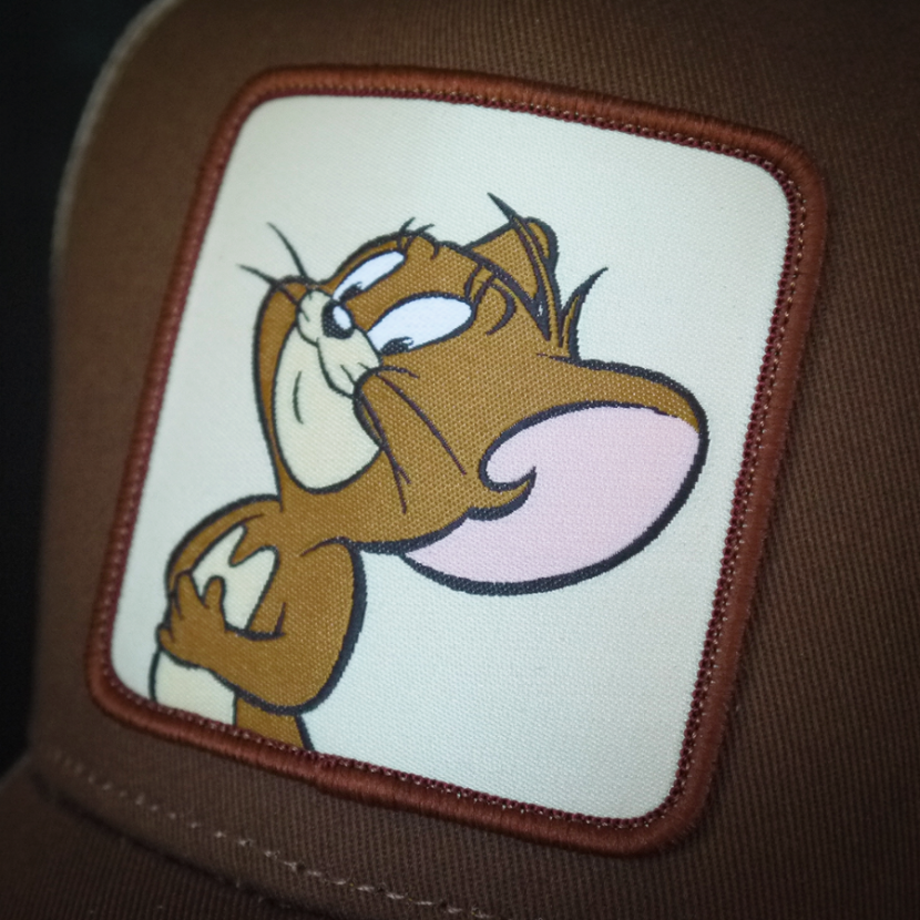 Brown OVERLORD X Tom and Jerry Jerry mouse trucker baseball cap hat woven Overlord patch closeup.